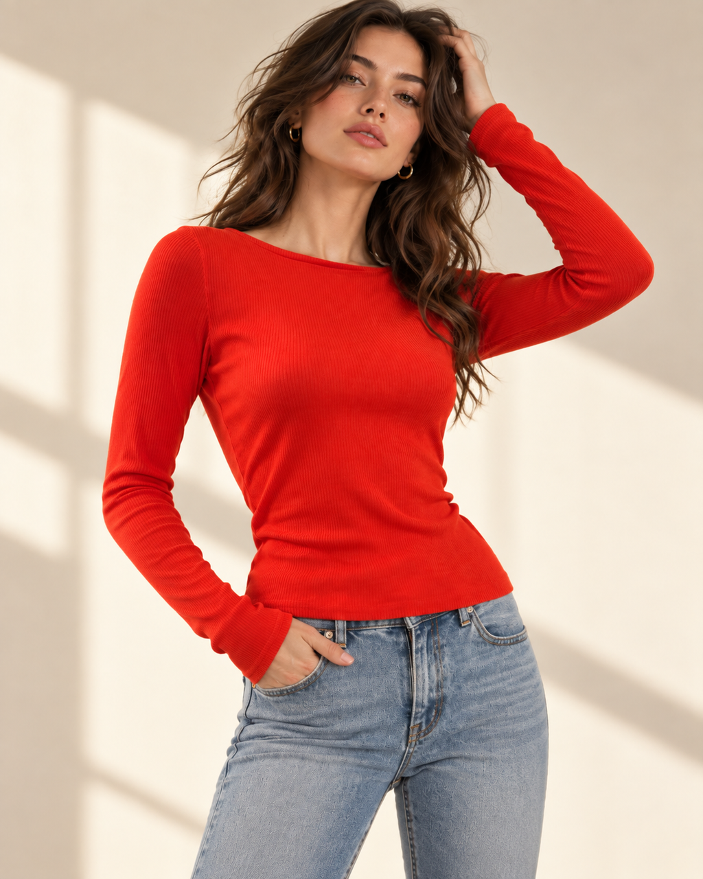 DLuxe Orange Rib Boat Neck Long Sleeve Top