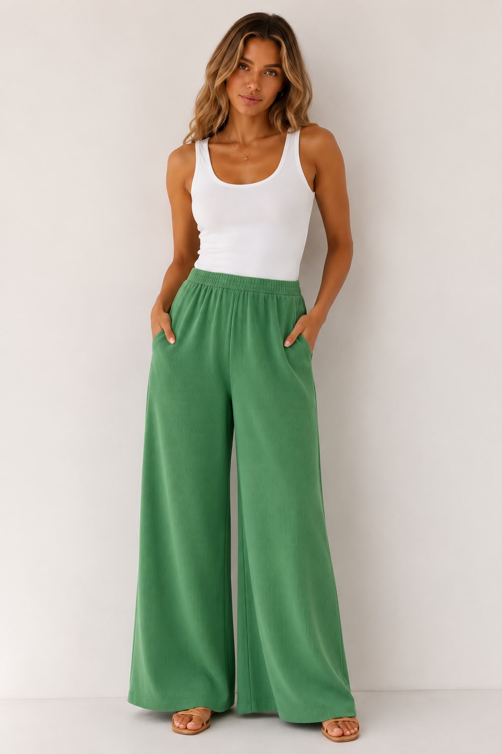 DLuxe Ribbed Wide Leg Trousers – Sage Green