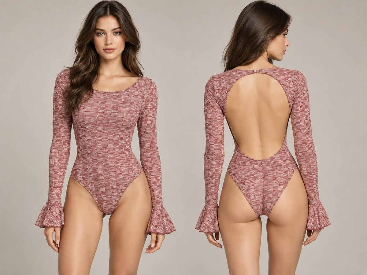 Dusk Marled Open Back Bodysuit – Fluted Sleeve