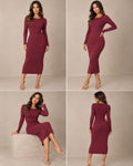 Burgundy Ribbed Long Sleeve Midi Dress – Handmade in the UK