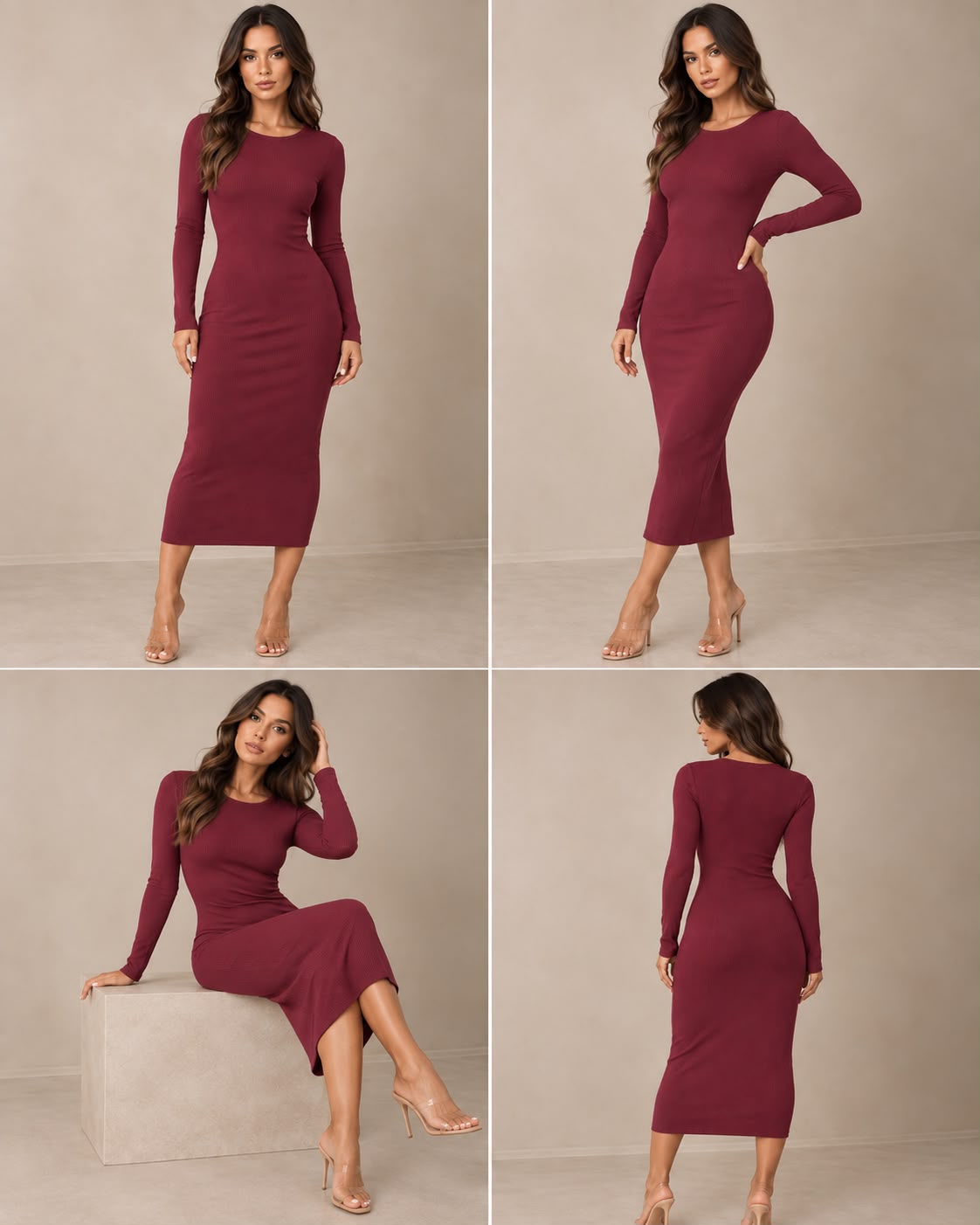 Burgundy Ribbed Long Sleeve Midi Dress – Handmade in the UK