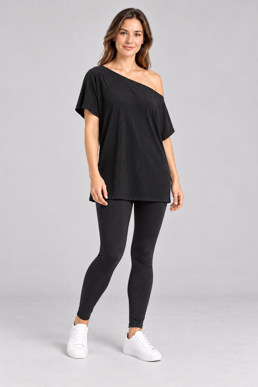 Black Ribbed Boat Neck Tunic Top