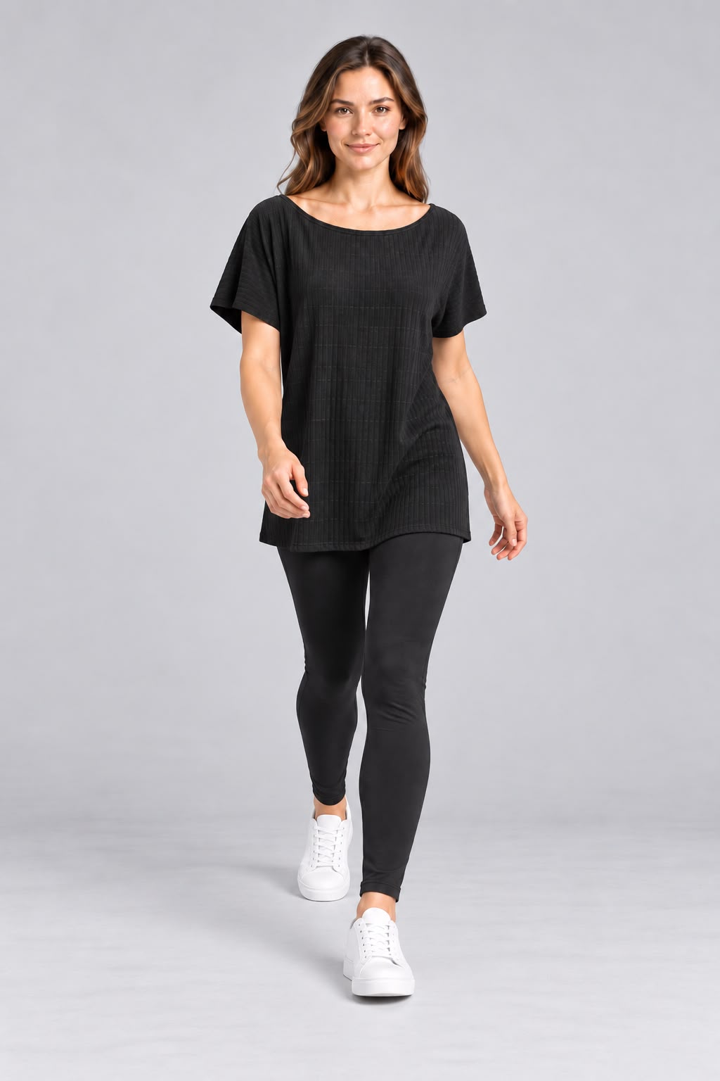 Black Ribbed Boat Neck Tunic Top