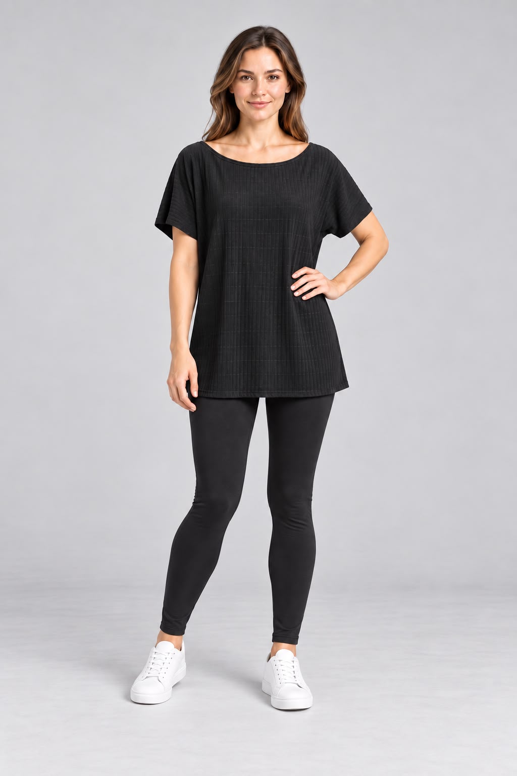 Black Ribbed Boat Neck Tunic Top