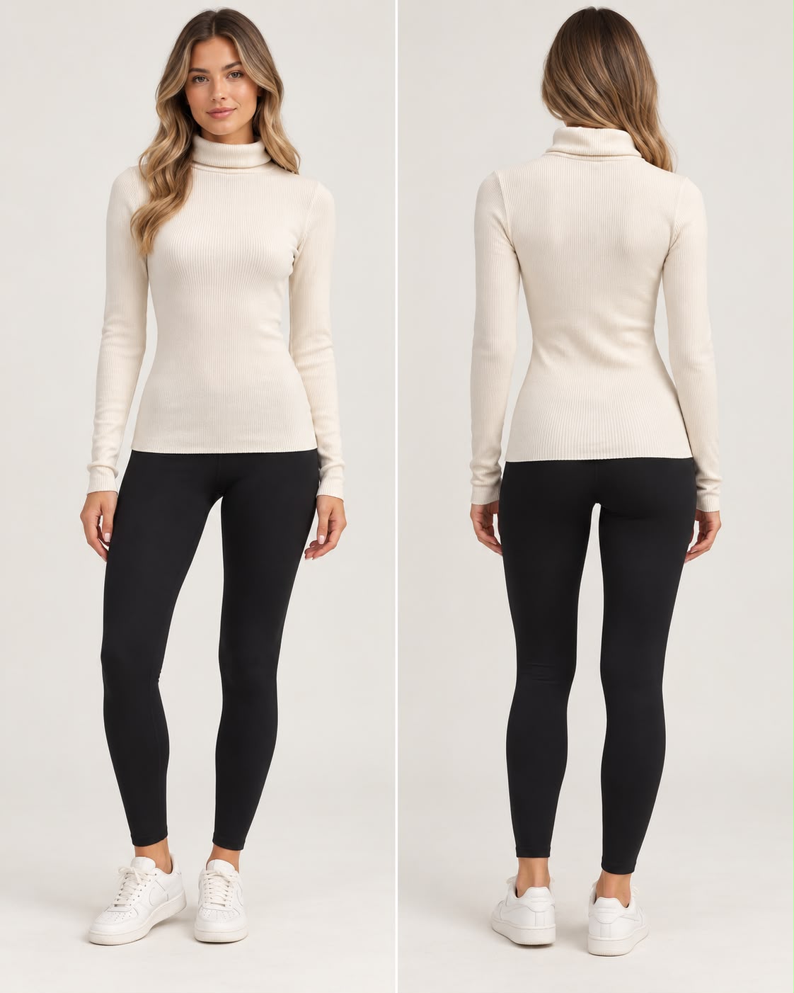 Cream Roll Neck Long Sleeve Ribbed Top